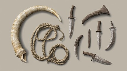 Antique weaponry and a tusk on a muted background