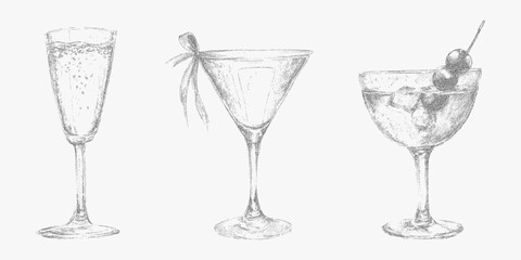 Italian style collection of classic cocktails and drinks with vintage ink sketch. Noisy gritty dot halftone effect and retro pop art stipple vibe for elegant banners.