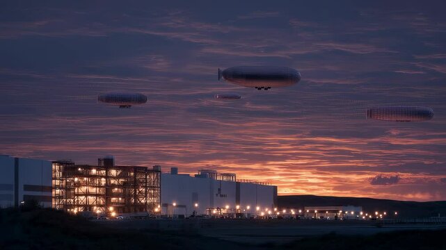 Aerial view capturing massive dirigibles gliding above illuminated gigafactory, silhouetted against vibrant sunset sky with dramatic industrial landscape revealing future transportation technology