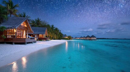 Obraz premium Maldives beach under starlight with glowing bungalows over water and bioluminescent shimmer in lagoon