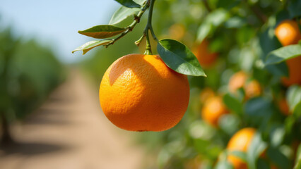 A bright orange against the backdrop of a blurred garden full of fruit trees