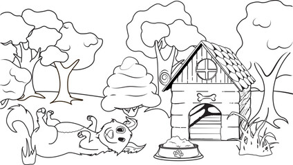 Simple line art vector coloring page: happy cartoon dog lying near a doghouse, trees, and a food bowl in an outdoor scene.
