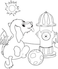 Happy cartoon spaniel pup with a fire hydrant, ball, and sun in an outdoor vector scene. Coloring page for children.