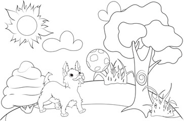 Playful cartoon terrier puppy with a ball, trees, clouds, and sun in an outdoor scene. Simple line art vector coloring page for kids.