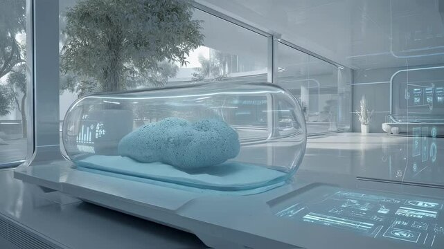 Artificial intelligence sensors monitor oxygen levels and metabolic activity of bioprinted tissues housed within a glass chamber in a serene, futuristic laboratory setting