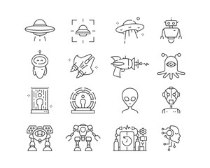 Science Fiction Icon collection containing 16 editable stroke icons. Perfect for logos, stats and infographics. Edit the thickness of the line in Adobe Illustrator (or any vector capable app).