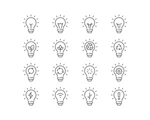 Light bulb concepts Icon collection containing 16 editable stroke icons. Perfect for logos, stats and infographics. Edit the thickness of the line in Adobe Illustrator (or any vector capable app).