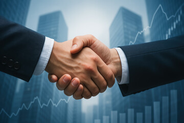 Two businessmen shaking hands in front of modern skyscrapers with transparent stock graphs overlayed, symbolizing financial deal and growth.