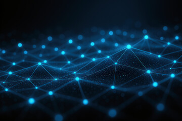 Digital network with glowing blue nodes connected by lines, representing communication, data flow, and online connectivity.