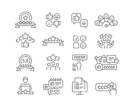 Feedback and Reviews Icon collection containing 16 editable stroke icons. Perfect for logos, stats and infographics. Edit the thickness of the line in Adobe Illustrator (or any vector capable app).