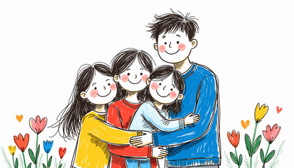 Father embracing three children in colorful garden with flowers - Concept of Naive Children's Drawings and Posters for Father's Day