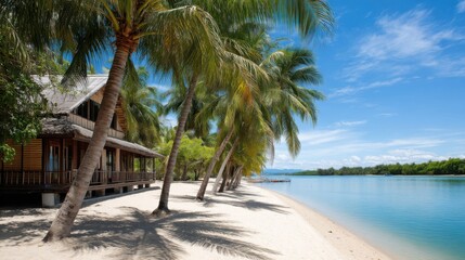 Wooden beach house on Philippine lagoon with leaning palms and warm sand shadows, full tropical serenity