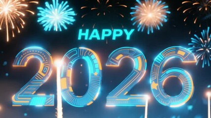 Animated happy new year 2026 greeting with futuristic neon style fireworks and blue background Ai HD video.
- Powered by Adobe