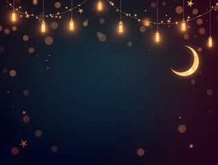 Bright Festive Eid Background with Crescent Moon, Stars, and Golden Islamic Patterns &ndash; Vector Illustration