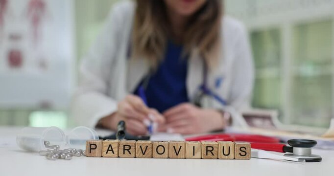 Word Parvovirus of wooden blocks with medical supplies against female doctor. Physician prescribes medication from slapped cheek disease in hospital