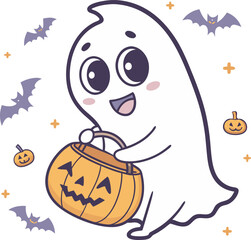 Cute Ghost with Pumpkin Basket Halloween t shirt for Kids and Adults to Wear