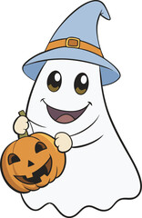 Adorable Halloween Ghost Holding a Pumpkin Wearing a Witch Hat t shirt Design