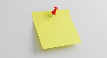 Yellow sticky note attached to a white wall with a red push pin