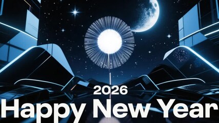 Futuristic animated greeting celebrating happy new year 2026 with fireworks against a celestial background Ai HD video.
