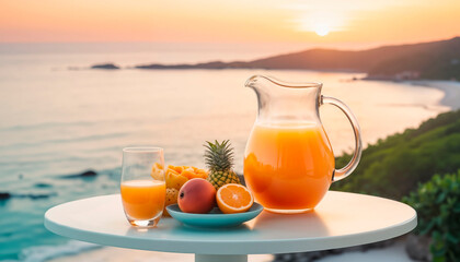 Fototapeta premium Juicy jug of orange juice and fruits at sunset on the beach