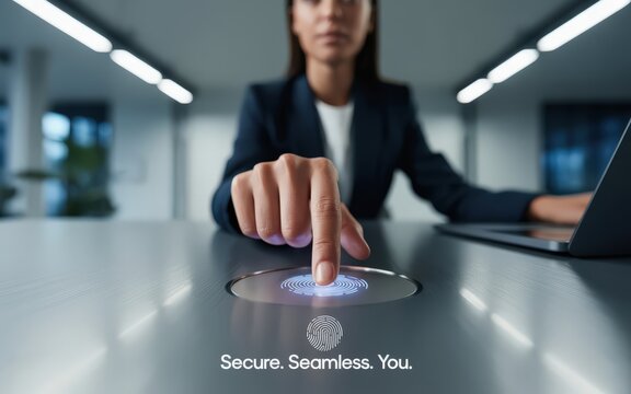 Woman uses fingerprint scan on desk, working on laptop. Biometric identification. - Powered by Adobe