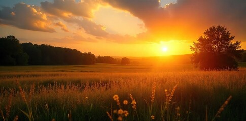 Golden hour sunlight bathes a tranquil landscape in warm, vibrant hues Perfect for travel, nature, and serenity themes Enjoy the peaceful glow of a sun-drenched scene , energy, warm
