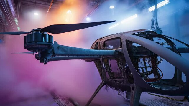 Automated robotic arm sprays paint onto an evtol aircraft in a vibrant, misty paint booth, showcasing the advanced manufacturing process