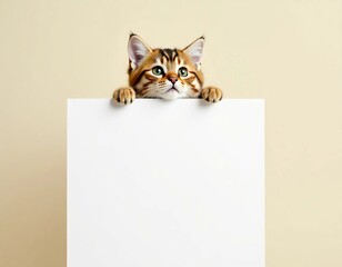 Obraz premium A charming cat peers over a blank space, awaiting artistic additions. Its playful demeanor invites creativity while showcasing a minimalist backdrop perfect for personalization Generative AI