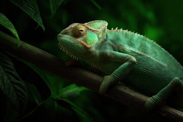 Obraz premium A Vibrant Chameleon Blending with Green Leaves, Captured in Stunning Detail, Showcasing Its Unique Coloration and Texture in a Natural Habitat Setting