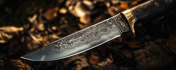 Engraved Hunting Knife Blade in Forest Light