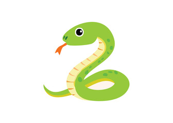 Cute cartoon green snake coiled in a playful pose on a simple white background