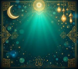 Bright Festive Eid Background with Crescent Moon, Stars, and Golden Islamic Patterns &ndash; Vector Illustration