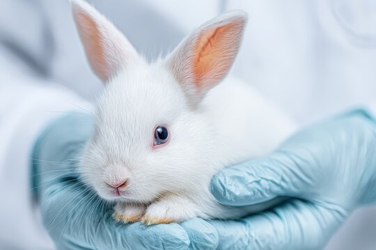 Adorable White Rabbit Held by Gloved Hands in a Laboratory Setting, Emphasizing Animal Care and Veterinary Practices for Educational Purposes