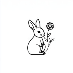 Fototapeta premium A simple black and white illustration depicts a lovely rabbit with a delicate flower nearby.