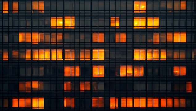 Black and orange building facade with glass windows, a geometric grid pattern, seamless texture, architectural photography, cityscape background, modern architecture