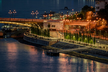 Scenic view about Budapest city at evening. Main theme is The historical Magraret bridge. Hungarian name is Margit hid.