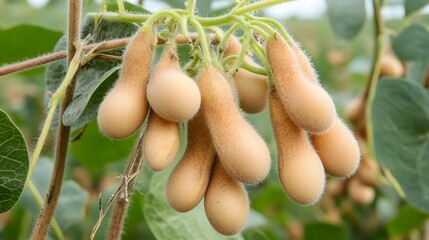 Soybean Pods Hanging on Plant Branch Close Up