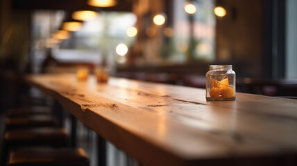 Wooden Table in Cozy Cafe Interior