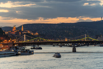 Unique landscape view about capital of Hungary. Budapest city is an amazing travel destination with historical sights. Liberty bridge, Buda royal castle, Fishermans bastion for example