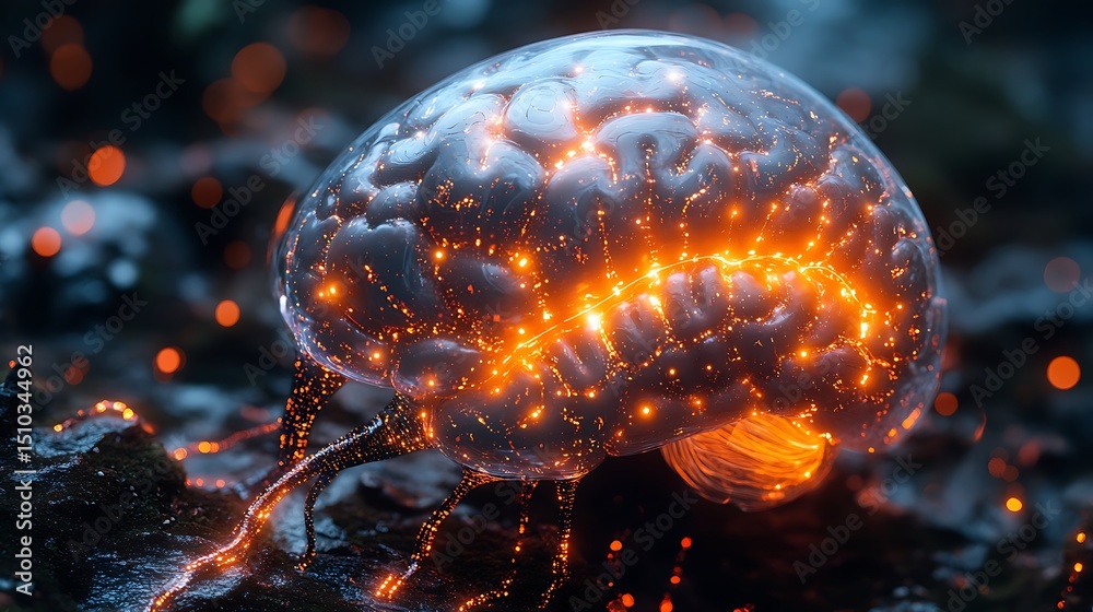 Wall mural illuminated conceptual illustration of the human brain showcasing neural networks and cognitive func