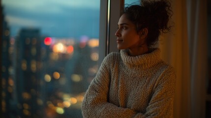 Pensive Woman Looking Out Window with City Lights in Background