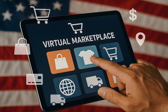 A finger taps a tablet menu in a virtual marketplace interface against an American flag backdrop. Concept of USA e-commerce expansion and digital retail innovation.