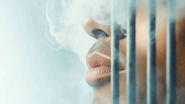 A surreal image of cigarette smoke forming the bars of a prison cell around a person, symbolizing addiction and the trap of tobacco