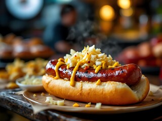 Grilled beef sausage in soft bun, topped with mustard, onions, and sauerkraut. Classic New York street food style in a savory and appetizing presentation