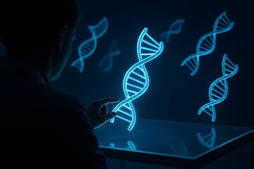 A researcher observes luminous DNA helices floating above a glass panel. Concept of genetic analysis and biotechnology innovation.