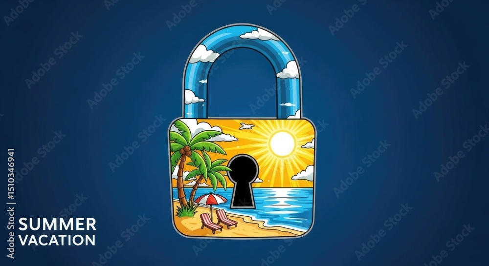 Wall mural sunny beach scene inside padlock with palm trees and ocean view
