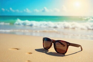 Stylish sunglasses resting on a sun-drenched sandy beach, ocean waves gently lapping in the background Perfect for summer vacation, travel, and beach lifestyle imagery , seaside, sunlight