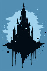 Silhouette of a majestic castle against a backdrop of a serene blue sky © khafid