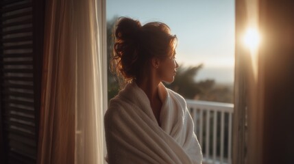 Woman Wrapped in White With Sunrise and Balcony View