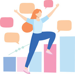 Social Media Growth Concept- Graph growing upwards with icon of likes,character celebrating